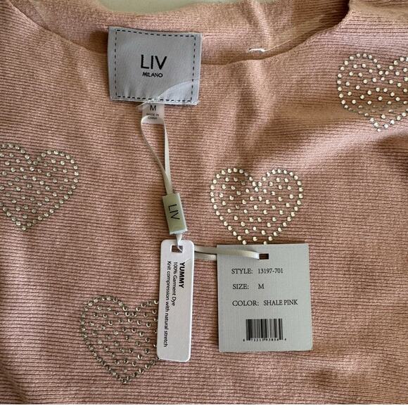 NWT Liv Milano Blush Shale Pink Rhinestone Heart Embellished Pullover Sweater M - Picture 5 of 9